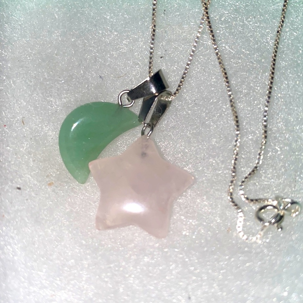 Boho hippie Rose Quartz Star ⭐️ and Jade Moon 🌙 Silver 18” Necklace
